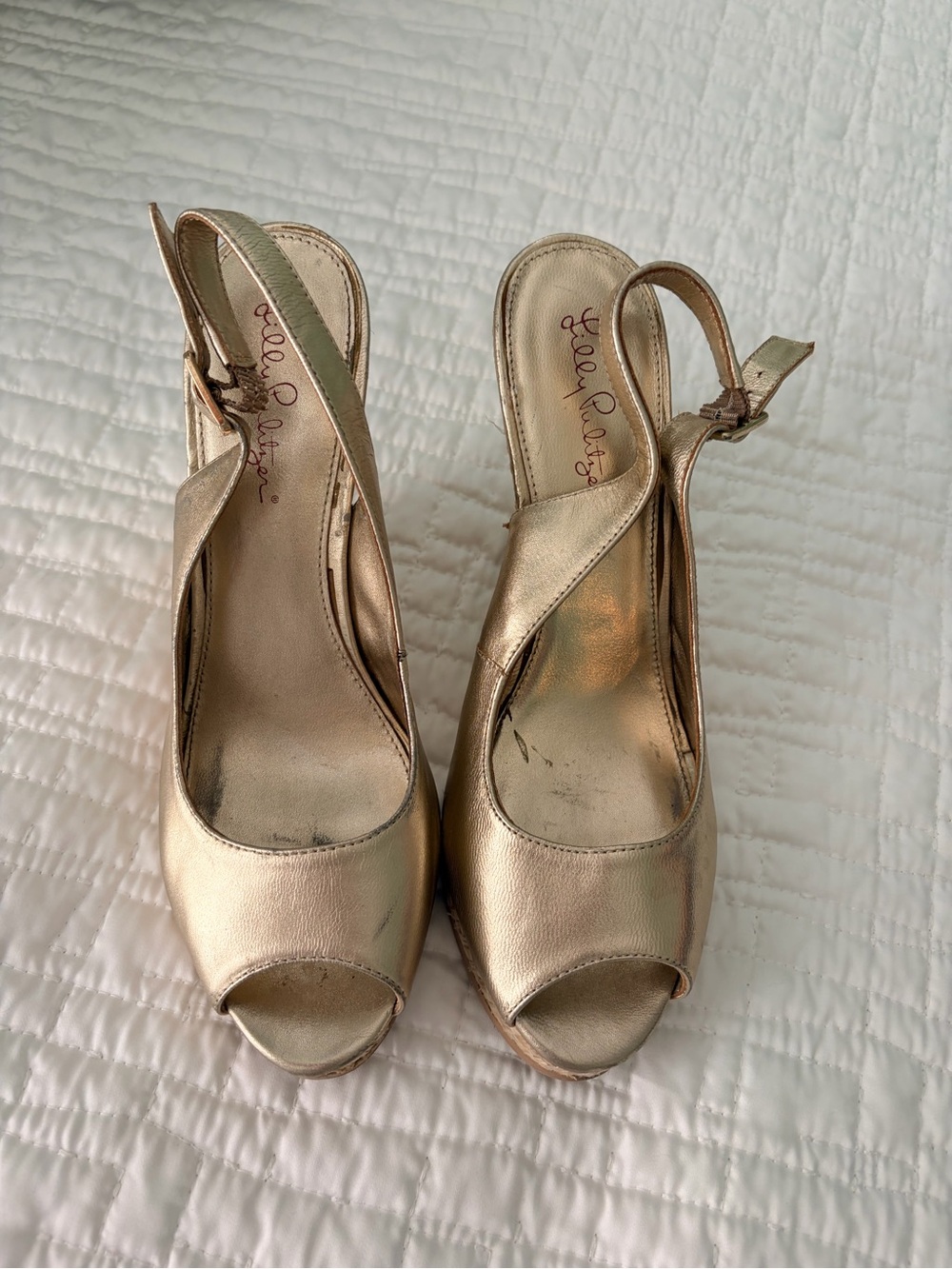 Lilly Pulitzer Metallic Gold Peep-Toe Slingback Heels